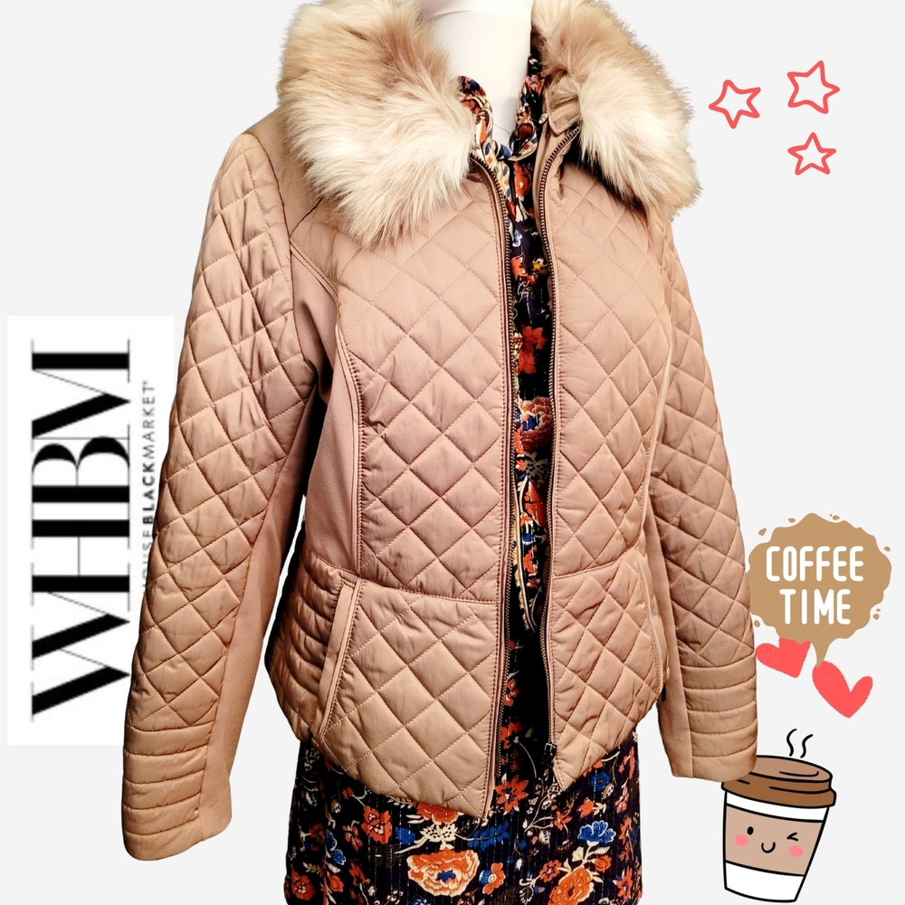 White House Black Market Quilted Puffer Jacket with Faux Fur